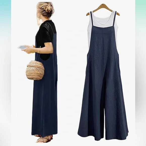 Navy Blue Wide-Leg Jumpsuit - Picture 1 of 4